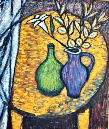 Картина под названием "Table with vase" - Maria Van Raalten, Подлинное произведение искусства, Масло