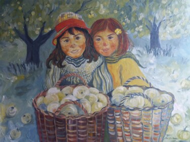 Peinture intitulée "fillettes dans le v…" par Maria Villain, Œuvre d'art originale, Huile