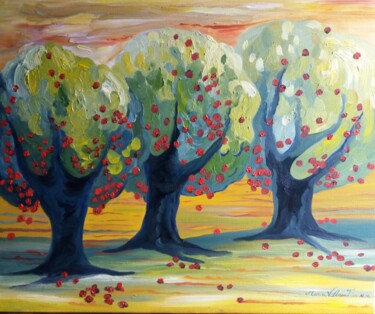 Painting titled "Paysage 3 arbres" by Maria Villain, Original Artwork, Marker
