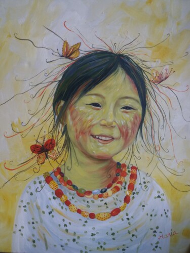 Peinture intitulée "La fille au papillo…" par Maria Villain, Œuvre d'art originale, Huile