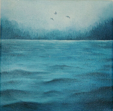 Pittura intitolato "Foggy lake, oil pai…" da Mariia Vlasenko, Opera d'arte originale, Olio