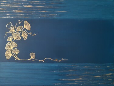 Painting titled "Blue and gold ginkgo" by Maria Xavier Alves (XAM), Original Artwork, Acrylic