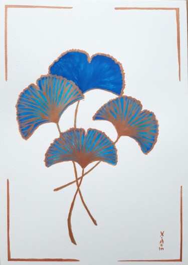Peinture intitulée "Ginkgo bleu" par Maria Xavier Alves (XAM), Œuvre d'art originale, Aquarelle