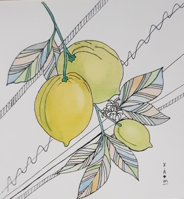 Painting titled "Les citrons" by Maria Xavier Alves (XAM), Original Artwork, Watercolor