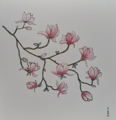 Painting titled "Fleurs de magnolia" by Maria Xavier Alves (XAM), Original Artwork, Watercolor