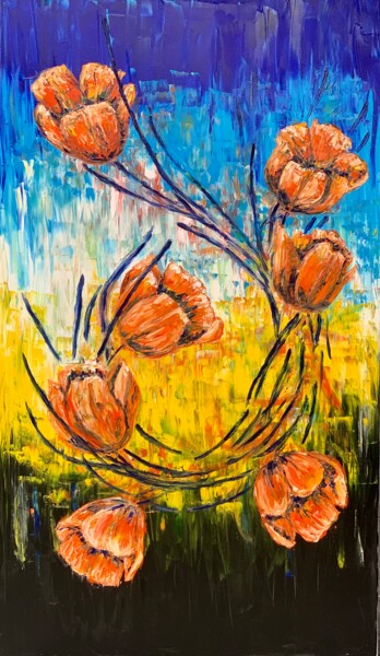 Painting titled "Orange flowers" by Maria Zasidkovych (Mariia), Original Artwork, Oil