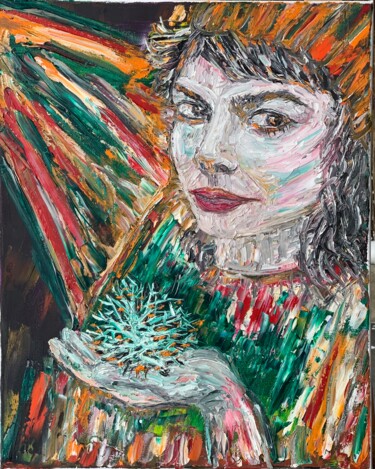 Painting titled "Girl and Snowflake" by Maria Zasidkovych (Mariia), Original Artwork, Oil