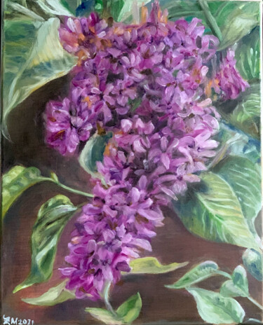 Painting titled "Lilac" by Maria Zasidkovych (Mariia), Original Artwork, Oil Mounted on Wood Stretcher frame