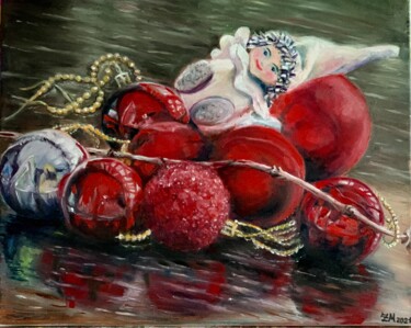 Painting titled "A Christmas gift" by Maria Zasidkovych (Mariia), Original Artwork, Oil Mounted on Wood Stretcher frame