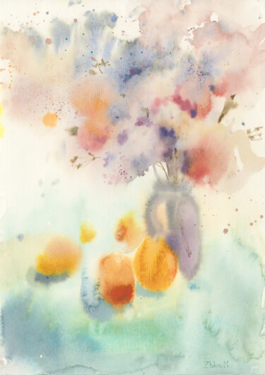Painting titled "Flowers and apricots" by Maria Zhdan, Original Artwork, Watercolor