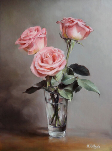 Painting titled "Roses dans un verre" by Maria Zhiltsova, Original Artwork, Oil