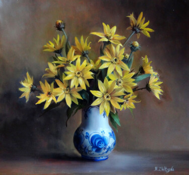 Pintura intitulada "Fleurs de topinambo…" por Maria Zhiltsova, Obras de arte originais, Óleo
