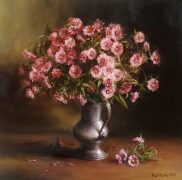Painting titled "Aster dans un vase…" by Maria Zhiltsova, Original Artwork, Oil