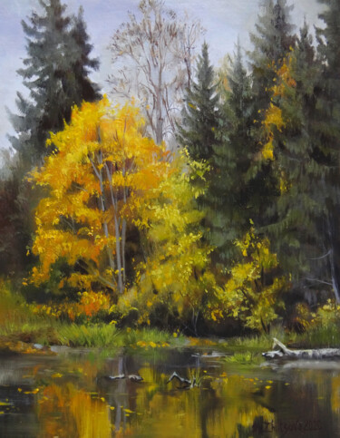 Peinture intitulée "Automne sur l'étang" par Maria Zhiltsova, Œuvre d'art originale, Huile