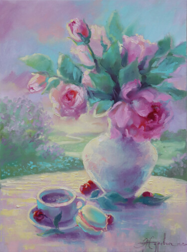 Painting titled "Pleasant evening in…" by Mariia Zhurovich, Original Artwork, Oil Mounted on Wood Stretcher frame