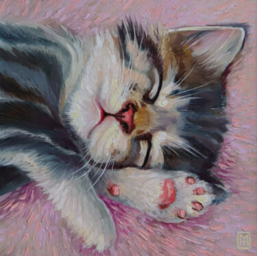 Painting titled "Sleeping kitten" by Mariia Zhurovich, Original Artwork, Oil Mounted on Wood Panel