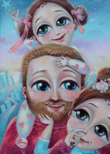 Картина под названием "A happy family" - Мария Журович, Подлинное произведение искусства, Масло Установлен на Деревянная пан…
