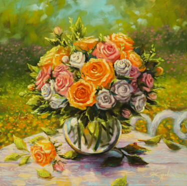 Painting titled "In a sunny garden" by Mariia Zhurovich, Original Artwork, Oil Mounted on Wood Stretcher frame
