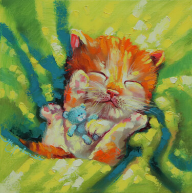 Painting titled "Ginger kitten" by Mariia Zhurovich, Original Artwork, Oil Mounted on Wood Stretcher frame