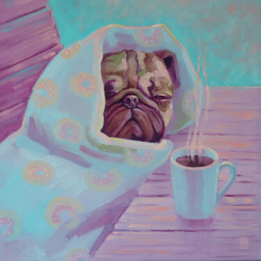 Painting titled ""Morning coffee", a…" by Mariia Zhurovich, Original Artwork, Oil Mounted on Wood Panel