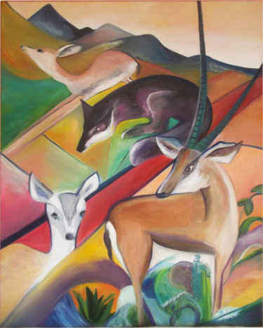 Pintura intitulada "Os veados e a rapos…" por Maria Mota, Obras de arte originais, Óleo