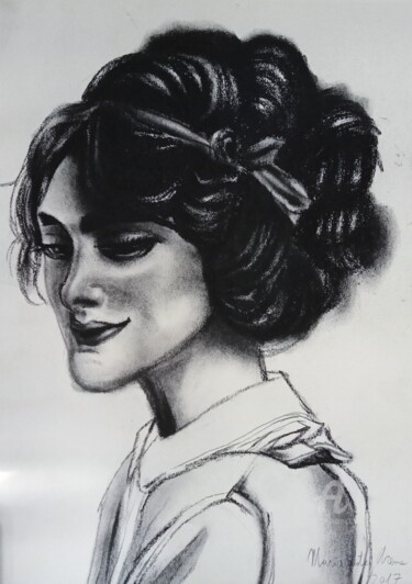 Drawing titled "Ritratto di donna" by Mariaceleste Arena, Original Artwork, Charcoal