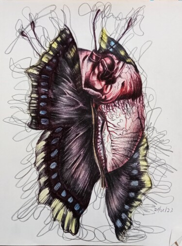 Drawing titled "Ho un cuore di farf…" by Mariaceleste Arena, Original Artwork, Conté Mounted on Wood Stretcher frame