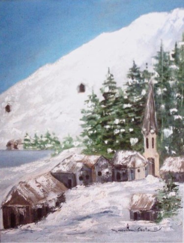 Schilderij getiteld "Neve na Aldeia" door Maria Adelina Costa, Origineel Kunstwerk, Olie