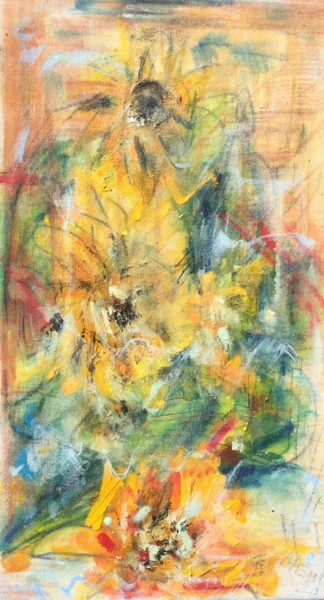 Painting titled "Sunflowers" by Maria Emilov, Original Artwork, Oil Mounted on Wood Stretcher frame