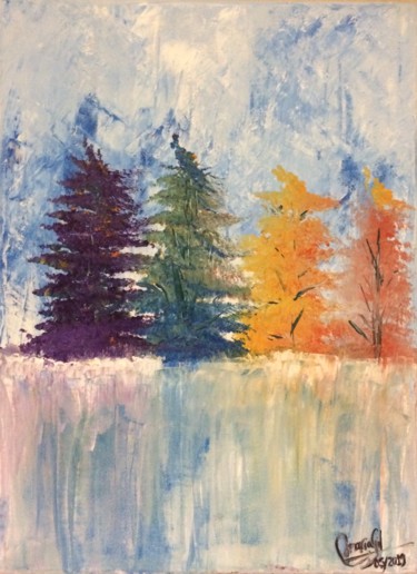 Painting titled "Swiss rainbow trees…" by Mariagil, Original Artwork, Oil Mounted on Wood Panel