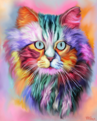 Digital Arts titled "Rainbow Cat" by Maria Mata, Original Artwork, Digital Painting