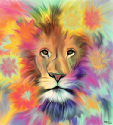 Digital Arts titled "Floral Lion" by Maria Mata, Original Artwork, Digital Painting