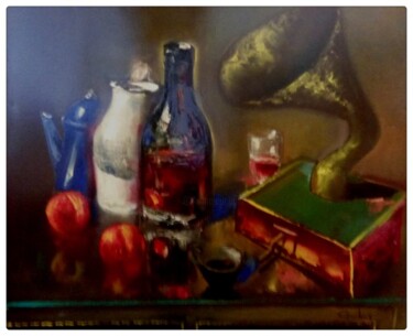 Painting titled "Le gramophone" by Marian Condruz, Original Artwork, Oil