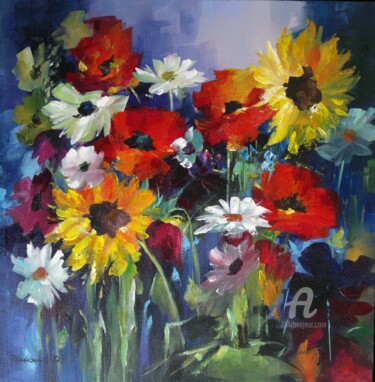 Картина под названием "Ogród kwiatowy" - Marian Jesien, Подлинное произведение искусства, Масло Установлен на Деревянная пан…