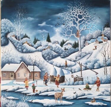 Painting titled "Une soiree d'hiver" by Mariana Mihut, Original Artwork, Oil Mounted on Wood Stretcher frame