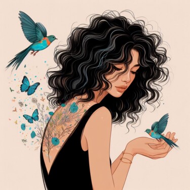 Цифровое искусство под названием "Woman and birds" - Mariana, Подлинное произведение искусства, Изображение, сгенерированное…