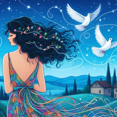Цифровое искусство под названием "Woman and doves" - Mariana, Подлинное произведение искусства, Изображение, сгенерированное…