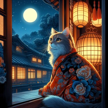 Digital Arts titled "Cat in the night (2)" by Mariana, Original Artwork, AI generated image