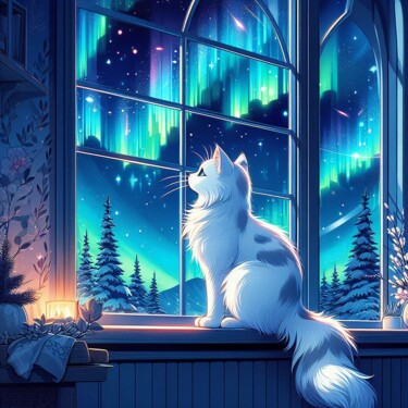 Arte digital titulada "Gato y aurora boreal" por Mariana, Obra de arte original, Imagen generada por IA