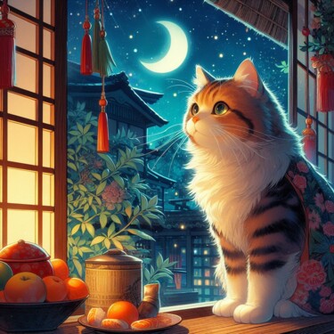 Arte digitale intitolato "Cat in the night (4)" da Mariana, Opera d'arte originale, Immagine generata dall'IA