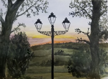 Painting titled "Le soir tombe à Fue…" by Marian Cobos, Original Artwork, Watercolor