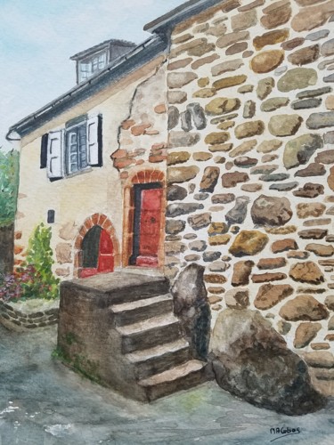Painting titled "Rue à Salers" by Marian Cobos, Original Artwork, Watercolor