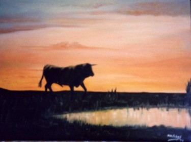 Peinture intitulée "Taureau à l'aube" par Marian Cobos, Œuvre d'art originale