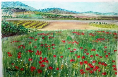 Drawing titled "Champ-de-coquelicot…" by Marian Cobos, Original Artwork, Pastel