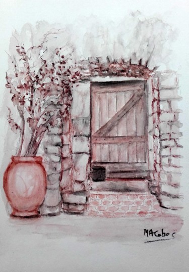 Schilderij getiteld "Vieille porte à Val…" door Marian Cobos, Origineel Kunstwerk, Aquarel