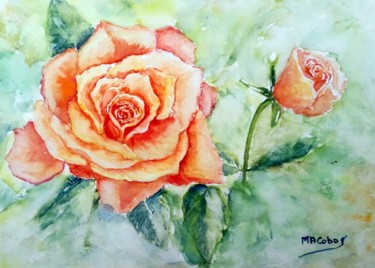 Painting titled "La Rose et le Bouton" by Marian Cobos, Original Artwork, Watercolor