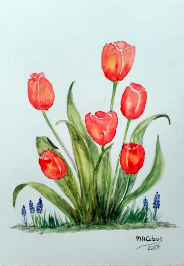 Painting titled "Tulipes rouges" by Marian Cobos, Original Artwork, Watercolor
