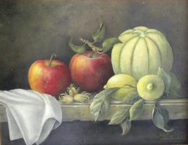 Painting titled "Pommes, melon et ci…" by Maria N-F-B, Original Artwork, Oil
