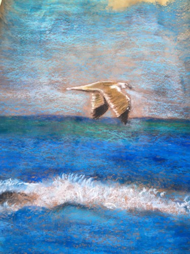 Zeichnungen mit dem Titel "Oiseau sur la vague…" von Marianne Hameau, Original-Kunstwerk, Pastell