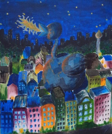 Картина под названием "Robobird on rampage" - Marianne Monto, Подлинное произведение искусства, Акрил Установлен на картон